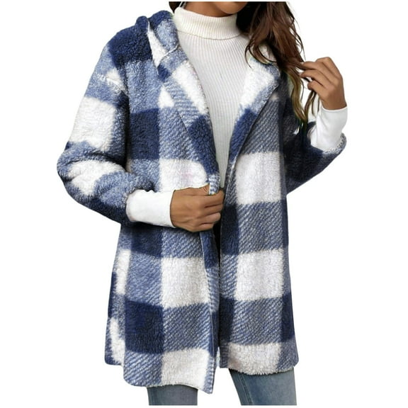 UPPADA Women's Plaid Shackets Flannel Long Sleeve Button Down Shirts Casual Oversized Outwear Coat Jackets with Pockets Blue,XXXL