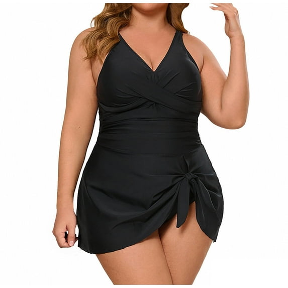 UPPADA Women's Plus Size 2 Piece Tankini Sets Cute Swim Dress Beach Vacation Swimwear Two Piece Solid Color Bathing Suits with Shorts Black Tankini Swimsuits for Women,XXL