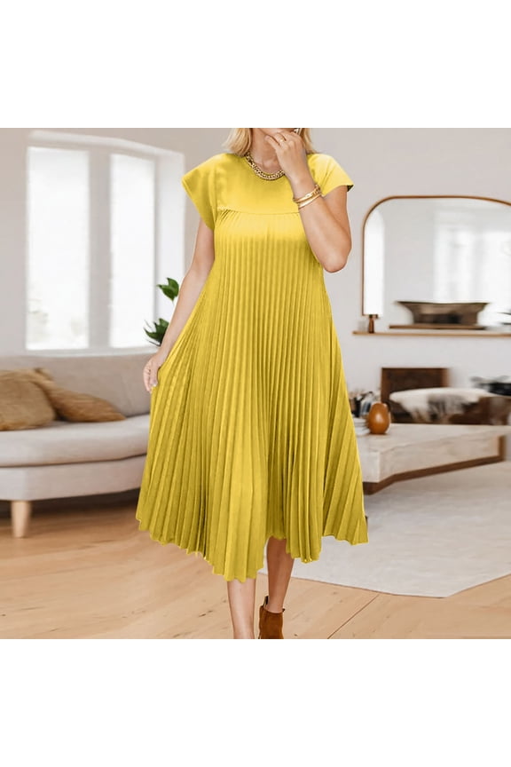 Women's Plus Size Casual Pleated Dress Summer Short Sleeve Flowy Swing Dress Loose Beach Dresses Flowy Maxi Dress Short Sleeve Boho Dress Crew Neck Smocked Formal Dresses Yellow,XXL
