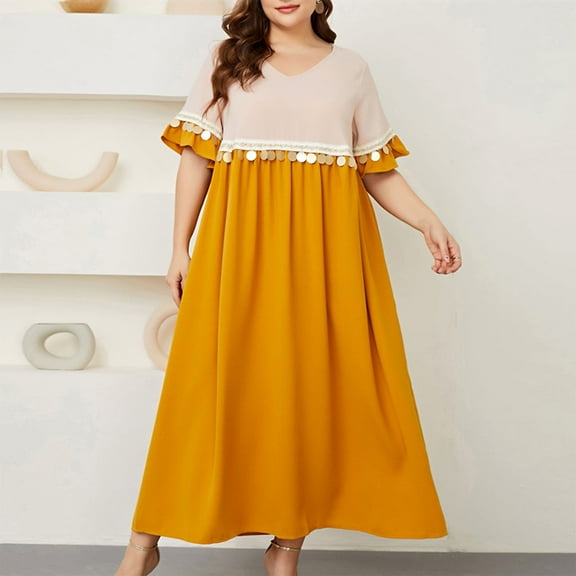 UPPADA Women's Plus Size Casual Pleated Dress Summer Short Sleeve Flowy Swing Dress Loose Beach Dresses Flowy Maxi Dress Short Sleeve Boho Dress Crew Neck Smocked Formal Dresses Yellow,XXL