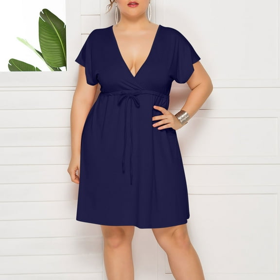 UPPADA Women's Plus Size Dress Lace V Neck Ruffle Cap Sleeve Hollow Out A Line Dress Boho Floral Wrap Dress Ruffle Hem Waist Strap Short Dress Dark Blue,L