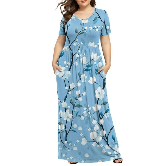 UPPADA Women's Plus Size Maxi Dresses for Curvy Women Summer Short Sleeve Casual Long Dress Floral Casual Tshirts Dresses Smocked Backless Beach Flowy Loose Dress with Pockets Multicolor,XXXXXL