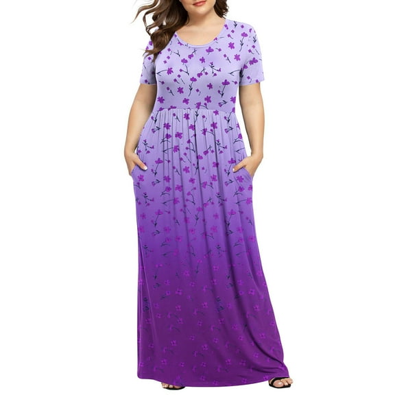 UPPADA Women's Plus Size Maxi Dresses for Curvy Women Summer Short Sleeve Casual Long Dress Floral Casual Tshirts Dresses Smocked Backless Beach Flowy Loose Dress with Pockets Multicolor,XXXL