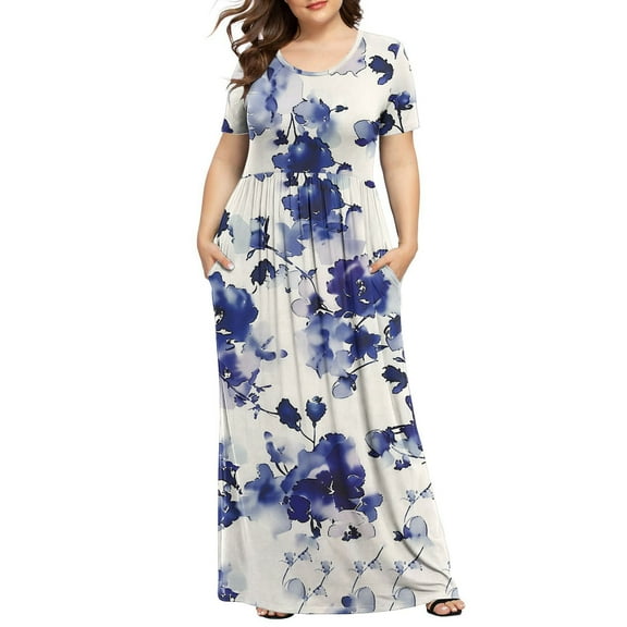 UPPADA Women's Plus Size Maxi Dresses for Curvy Women Summer Short Sleeve Casual Long Dress Floral Casual Tshirts Dresses Smocked Backless Beach Flowy Loose Dress with Pockets Multicolor,XL