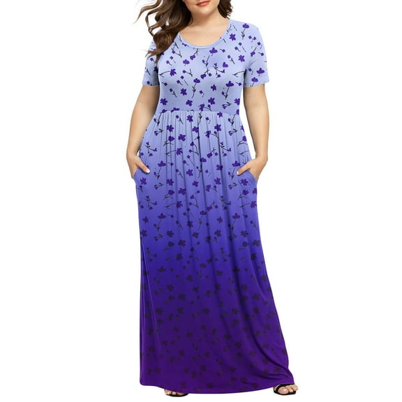 UPPADA Women's Plus Size Maxi Dresses for Curvy Women Summer Short Sleeve Casual Long Dress Floral Casual Tshirts Dresses Smocked Backless Beach Flowy Loose Dress with Pockets Multicolor,XXXL