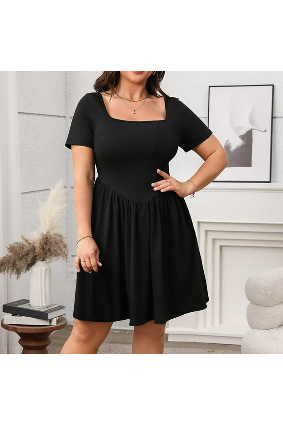 Women's Plus Size Wedding Guest Dress Formal Lace Square Neck Short Sleeve Midi Dress Smocked Flowy Cocktail Dresses Side Split A Line Boho Dress Formal Dresses Black,XXXXL
