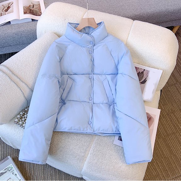 UPPADA Women's Puffer Jackets Winter Cropped Button Down Coats Zip Up Warm Lightweight Quilted Jacket with Pockets,Women’S Fleece Jacket Light Blue,M