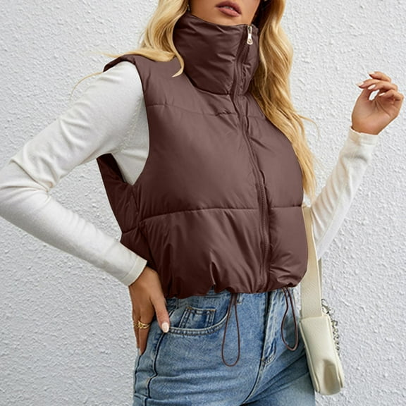 UPPADA Women's Puffer Vest Fall Casual Stand Collar Lightweight Sleeveless Zip up Padded Jackets Outerwear with Pockets Women's Long Down Vests Coffee,XL