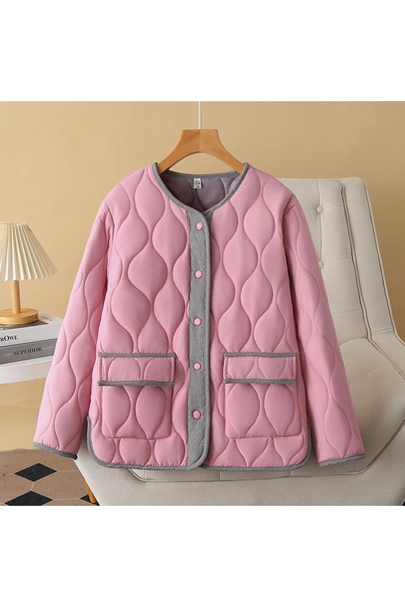 Women's Quilted Lightweight Jackets Winter Coat Puffer Casual Long Sleeve Button Down Puffer Coat with Pockets,Fashion Trench Coat Pink,XXL