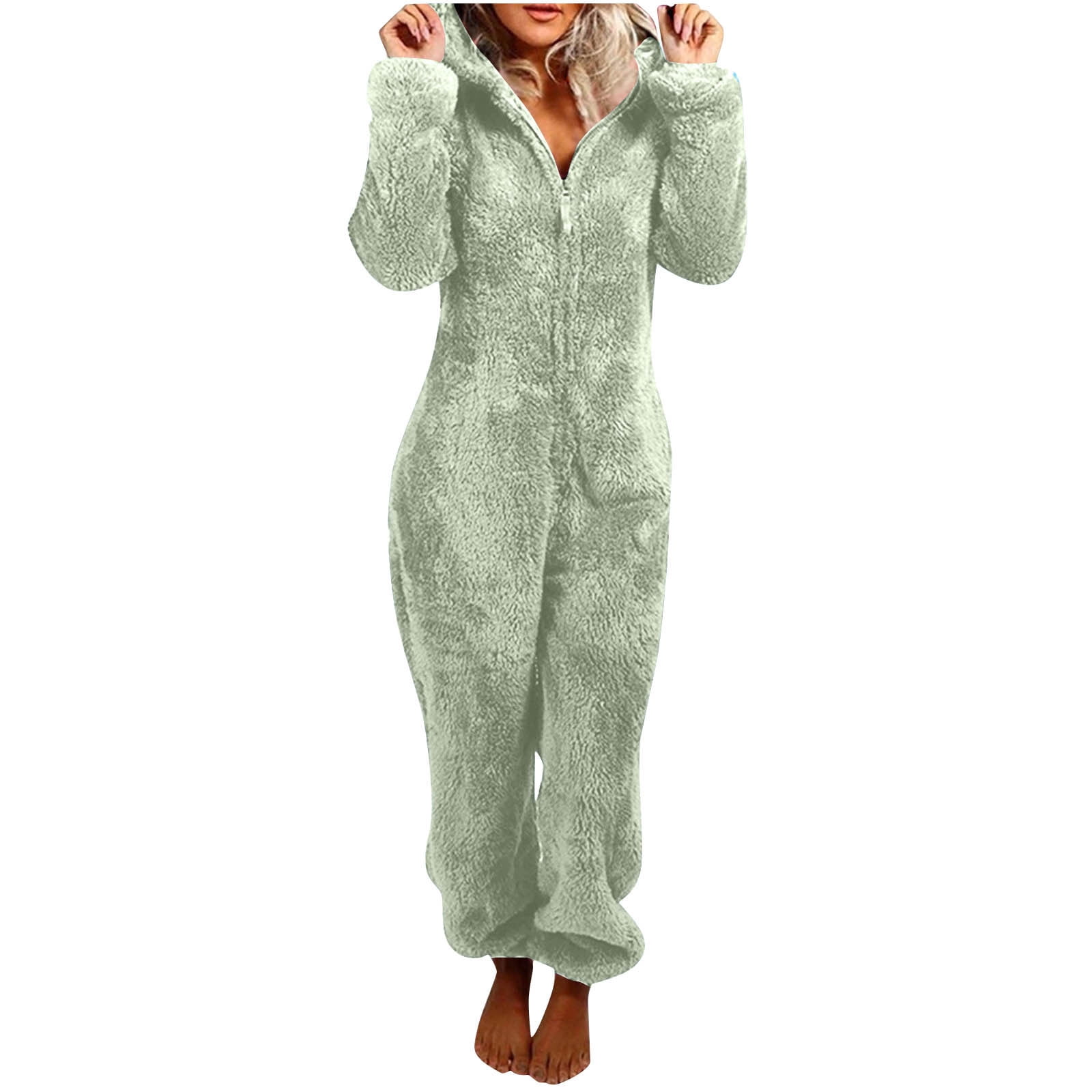 UPPADA Women's Romper Fleece Pajama One Piece Plush Hoodies Jumpsuit Pajamas for Womens Plus Size Winter Warm Romper Sleepwear Zip-Up Loungewear Army Green,S