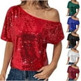 thumbnail image 1 of UPPADA Women's Sequin One Shoulder Tops Long Sleeve Sparkly Blouses Casual Loose Fit Shirts for Party Going Out Date Night and Holiday Events Black,L, 1 of 8