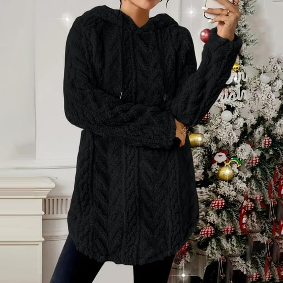 UPPADA Women's Sherpa Hoodies Fleece Cable Knit Hoodies Drawstring Fuzzy Warm Hooded Jacket Fall Winter Warm Y2k Outwear Oversized Pullover Black,M Winter Hoodies for Women