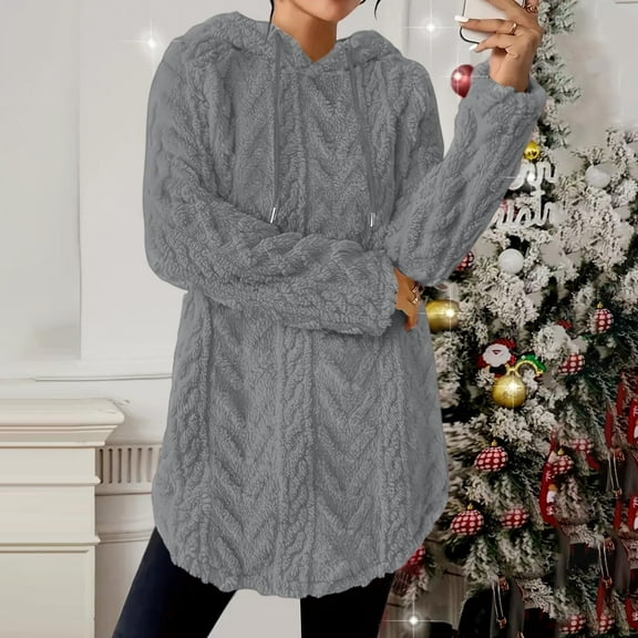 UPPADA Women's Sherpa Hoodies Fleece Cable Knit Hoodies Drawstring Fuzzy Warm Hooded Jacket Fall Winter Warm Y2k Outwear Oversized Pullover Gray,M Women's Fleece Jacket with Hood