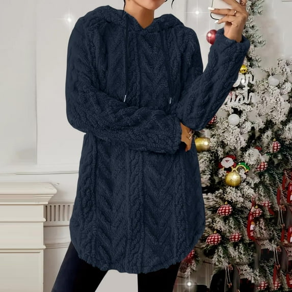 UPPADA Women's Sherpa Hoodies Fleece Cable Knit Hoodies Drawstring Fuzzy Warm Hooded Jacket Fall Winter Warm Y2k Outwear Oversized Pullover Navy,S Women's Winter Jackets No Hood