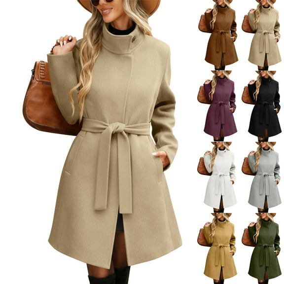 UPPADA Women's Single Breasted Wool Blend Coats Notched Lapel Belted Peacoat Mid Long Jacket with Pockets Spring and Fall Fashion Clothes Army Green,XXL