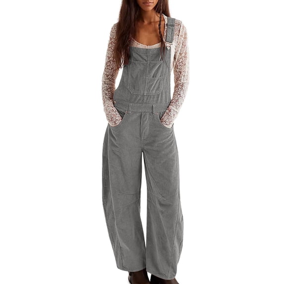 UPPADA Women's Sleeveless Cargo Overalls Square Neck Cargo Jumpsuit Casual Loose Adjustable Straps Bib Long Jogger Pant Jumpsuits with Pockets Gray,S