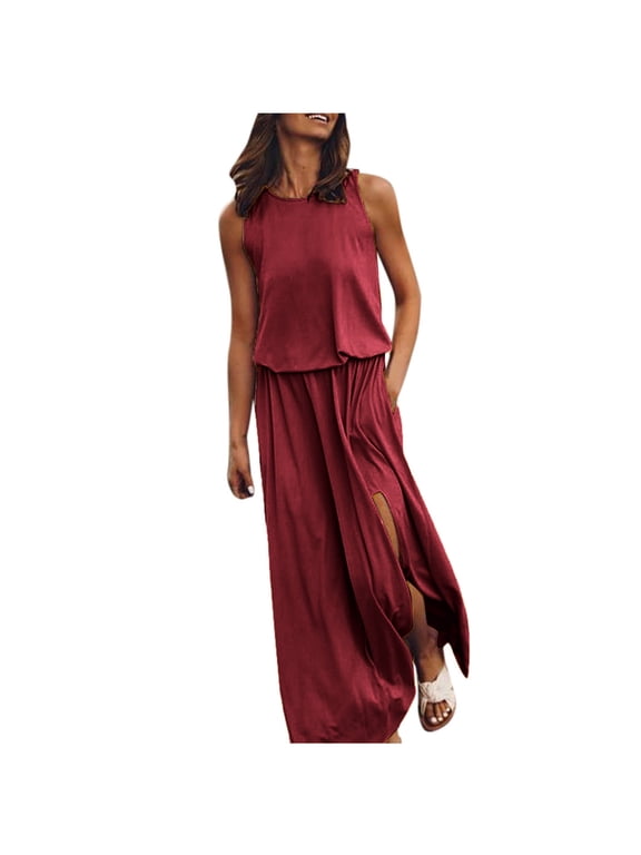 Women's Sleeveless Summer Dresses Split Flowy Maxi Dress Loose Fit Boho Beach Tank Dresses with Pockets Red,2Xl