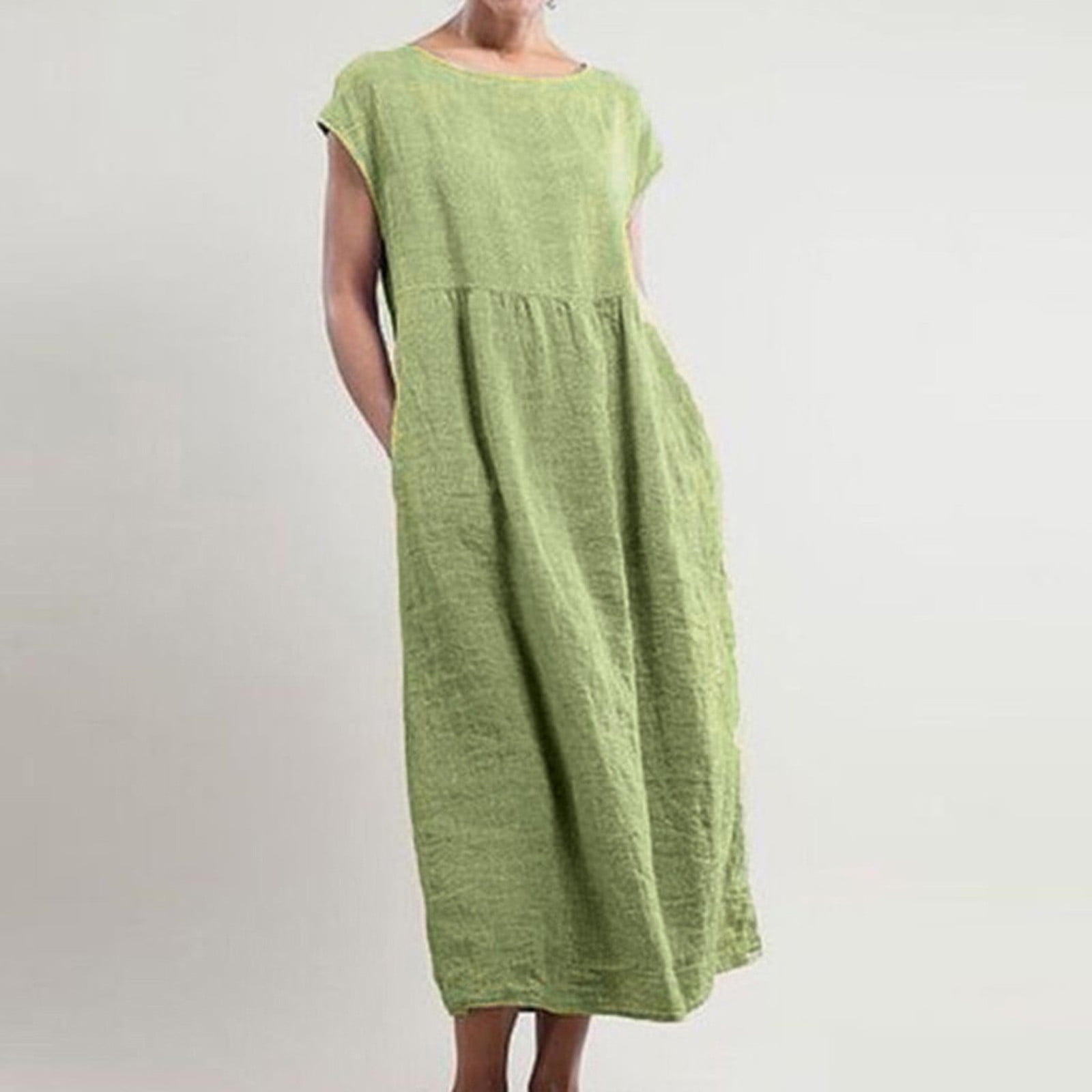 Women's Solid Sleeveless O-neck Maxi Pockets Linen Loose Baggy Kaftan Long Dress