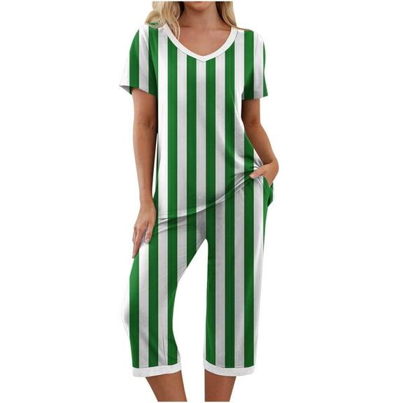 UPPADA Women's Striped Pajama Set Crewneck Short Sleeve Tops and Long Pants 2 Piece Sleepwear Nightwear Loungewear Pj Set Green,XL