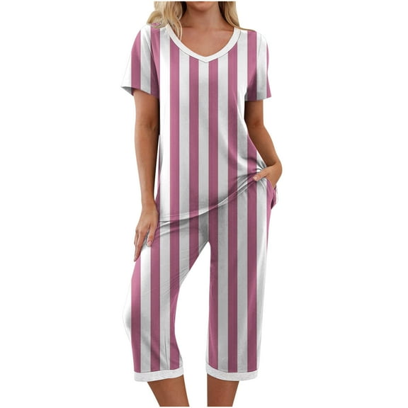 UPPADA Women's Striped Pajama Set Crewneck Short Sleeve Tops and Long Pants 2 Piece Sleepwear Nightwear Loungewear Pj Set Pink,XXL