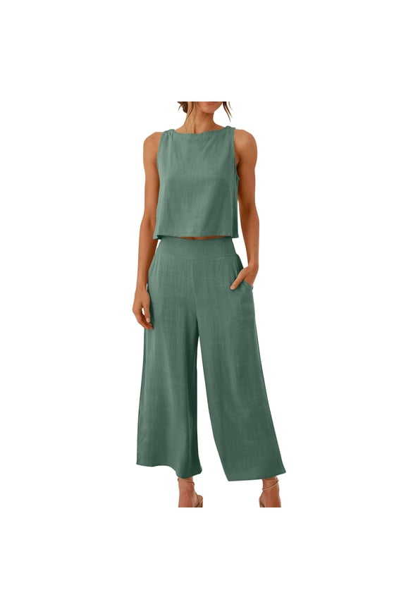 Women's Summer 2 Piece Outfits Sleeveless Crop Top and Wide Leg Pants Solid Casua Lounge Beach Travel Sets with Pockets Green,XXXXL