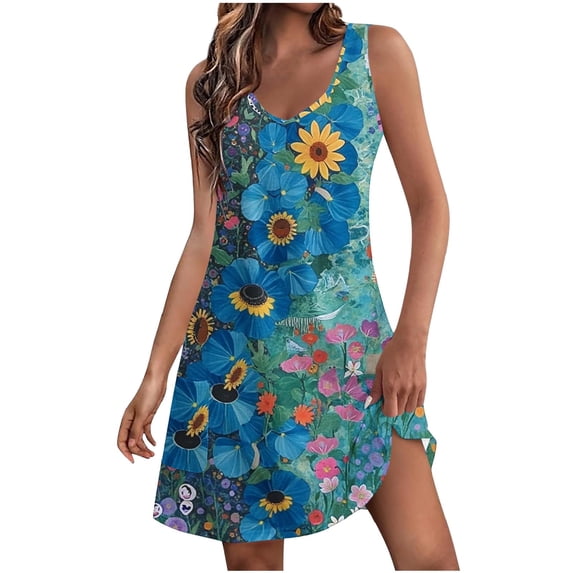 UPPADA Women's Summer Beach Dress Floral Print Midi Sundress Sleeveless Casual T-Shirts Dress V Neck Loose Boho Tank Dresses Ladies Dresses Dark Blue,XXL