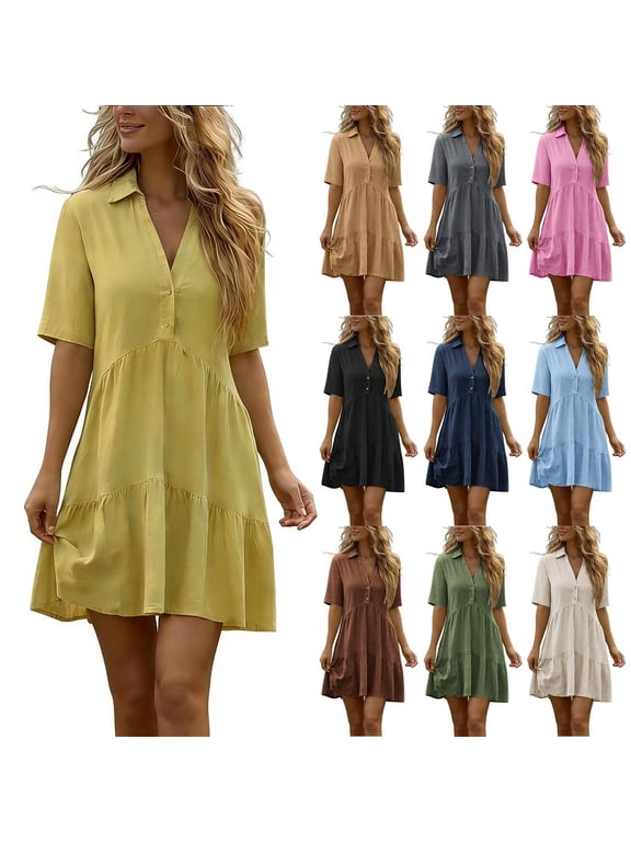 Women's Summer Button Down Shirt Dress Casual Ruffle Sleeve Shift Mini Dresses with Pockets Drop Waist Tunic Shirt Dress Black,L