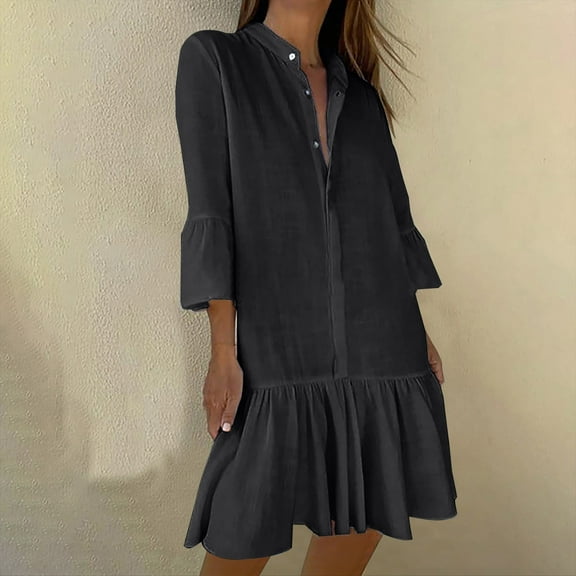 UPPADA Women's Summer Button Down Shirt Dress Casual Ruffle Sleeve Shift Mini Dresses with Pockets Drop Waist Tunic Shirt Dress Black,L