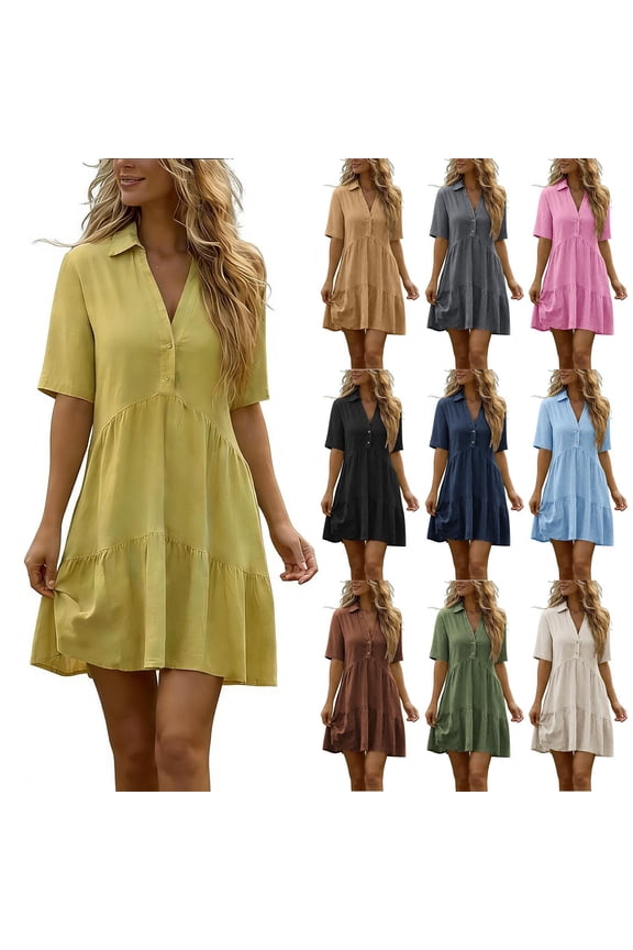 Women's Summer Button Down Shirt Dress Casual Ruffle Sleeve Shift Mini Dresses with Pockets Drop Waist Tunic Shirt Dress Light Blue,S