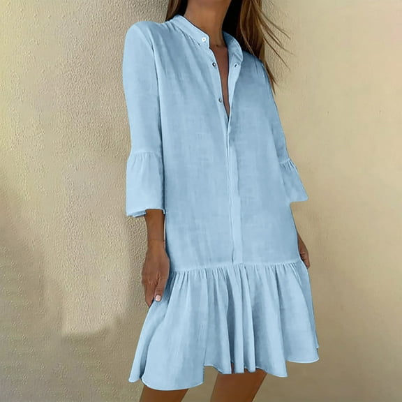 UPPADA Women's Summer Button Down Shirt Dress Casual Ruffle Sleeve Shift Mini Dresses with Pockets Drop Waist Tunic Shirt Dress Light Blue,XXL