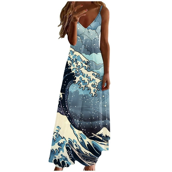 UPPADA Women's Summer Dress Sleeveless Spaghetti Strap Maxi Dress V Neck Sequin Print Elegant Dress Flowy Cocktail Dress for Party My Account Balance Blue,M