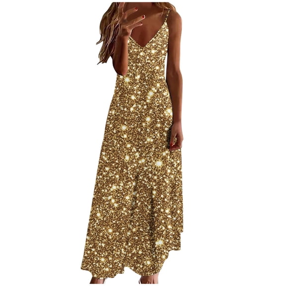 UPPADA Women's Summer Dress Sleeveless Spaghetti Strap Maxi Dress V Neck Sequin Print Elegant Dress Flowy Cocktail Dress for Party Gold,XXL