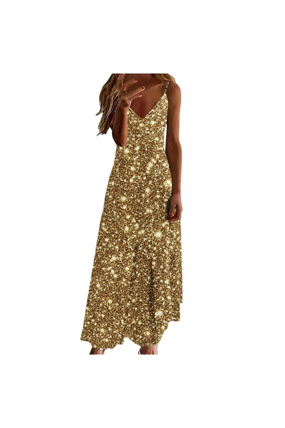 Women's Summer Dress Sleeveless Spaghetti Strap Maxi Dress V Neck Sequin Print Elegant Dress Flowy Cocktail Dress for Party Gold,XXL