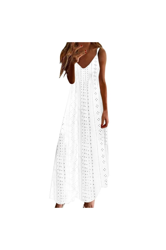 Women's Summer Dress Sleeveless Spaghetti Strap Maxi Dress V Neck Sequin Print Elegant Dress Flowy Cocktail Dress for Party Clearence Sale White,M