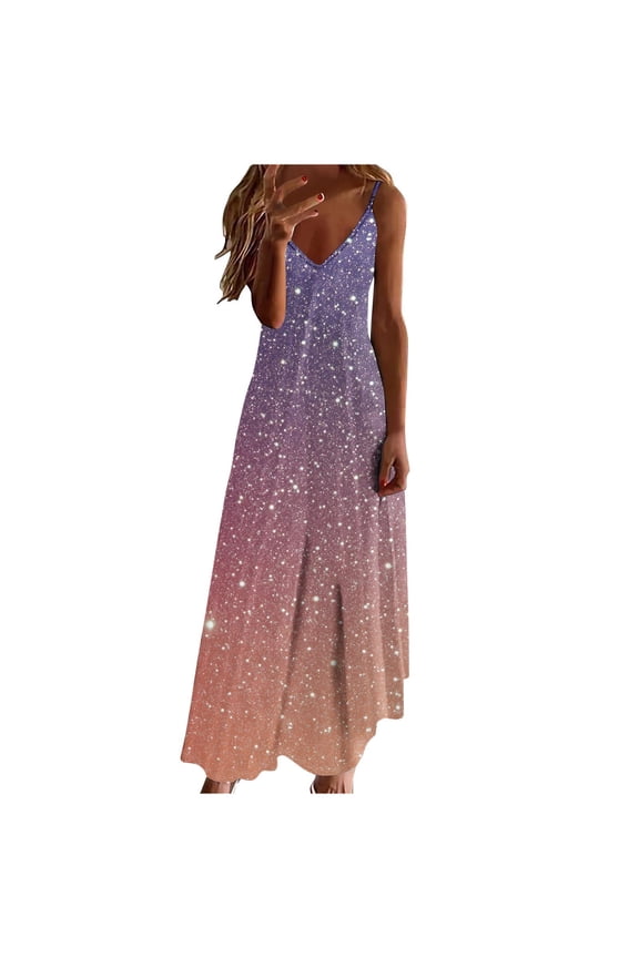 Women's Summer Dress Sleeveless Spaghetti Strap Maxi Dress V Neck Sequin Print Elegant Dress Flowy Cocktail Dress for Party Clothes for Women Yellow,S