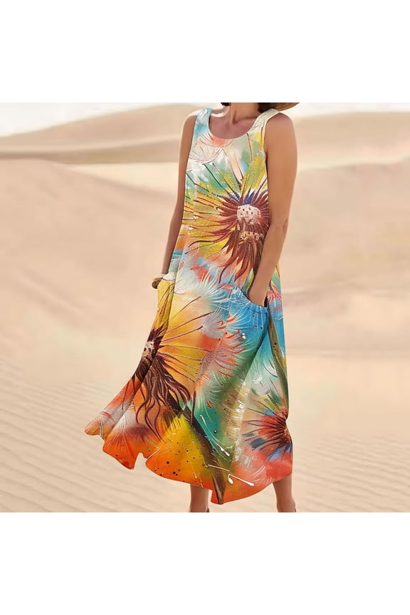 Women's Summer Floral Linen Dress Sleeveless Casual Loose Tank Midi Dress Boho Beach Sundress Round Neck Linen Long Swing Tank Dress with Pockets Orange,XL
