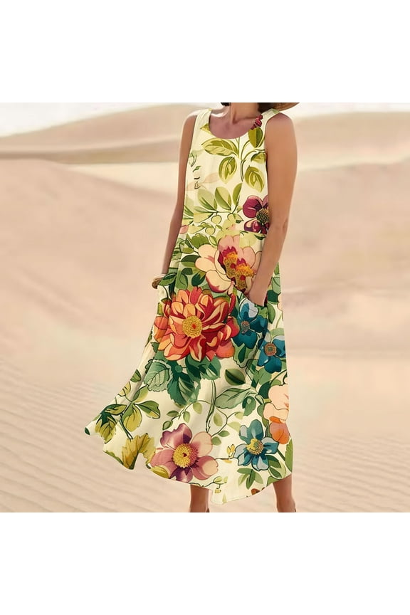 Women's Summer Floral Linen Dress Sleeveless Casual Loose Tank Midi Dress Boho Beach Sundress Round Neck Linen Long Swing Tank Dress with Pockets Yellow,L
