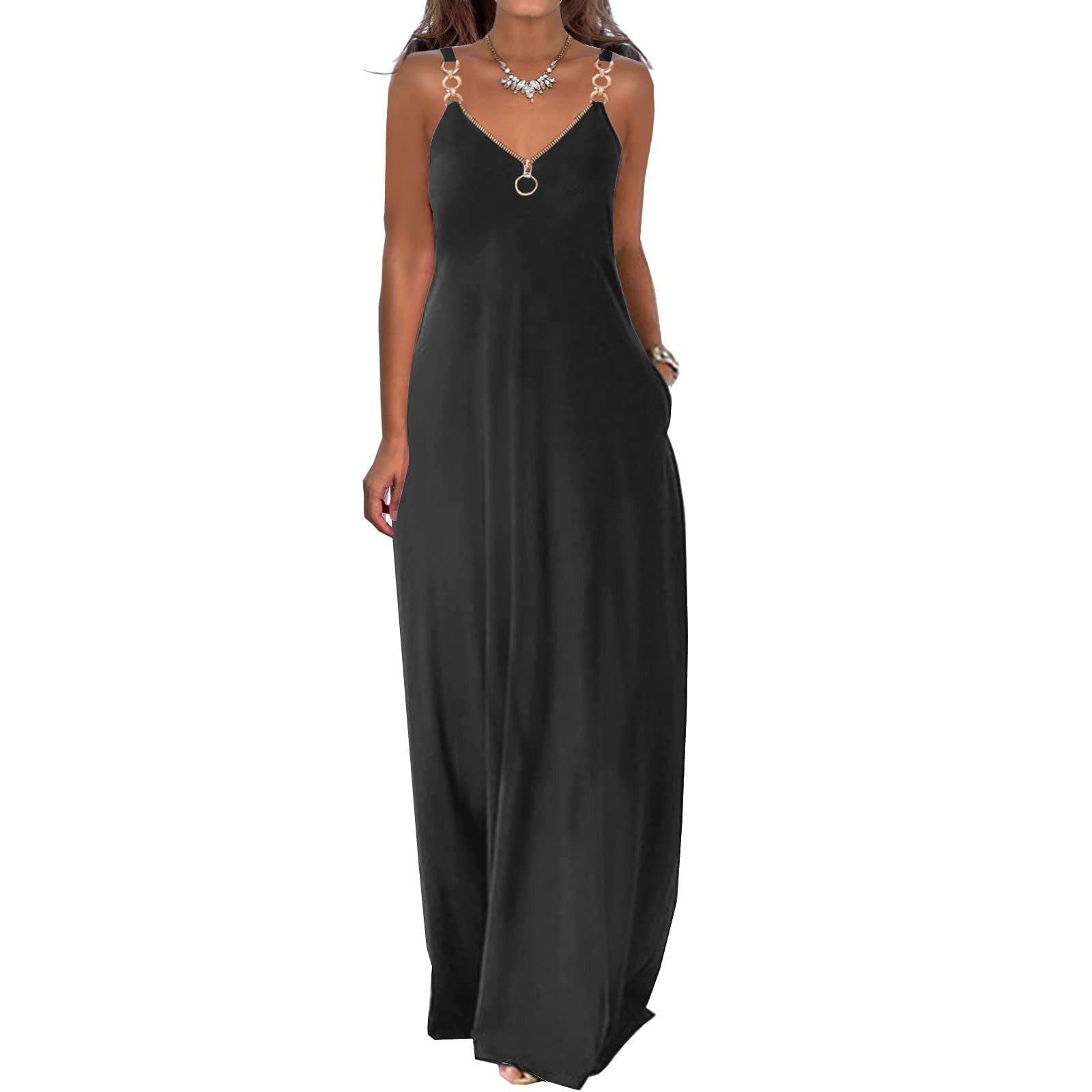 JollieLovin Women's Plus Size Summer Maxi Dress - Sleeveless V-Neck, Flowy T-Shirt Dress With Pockets, Black Large
