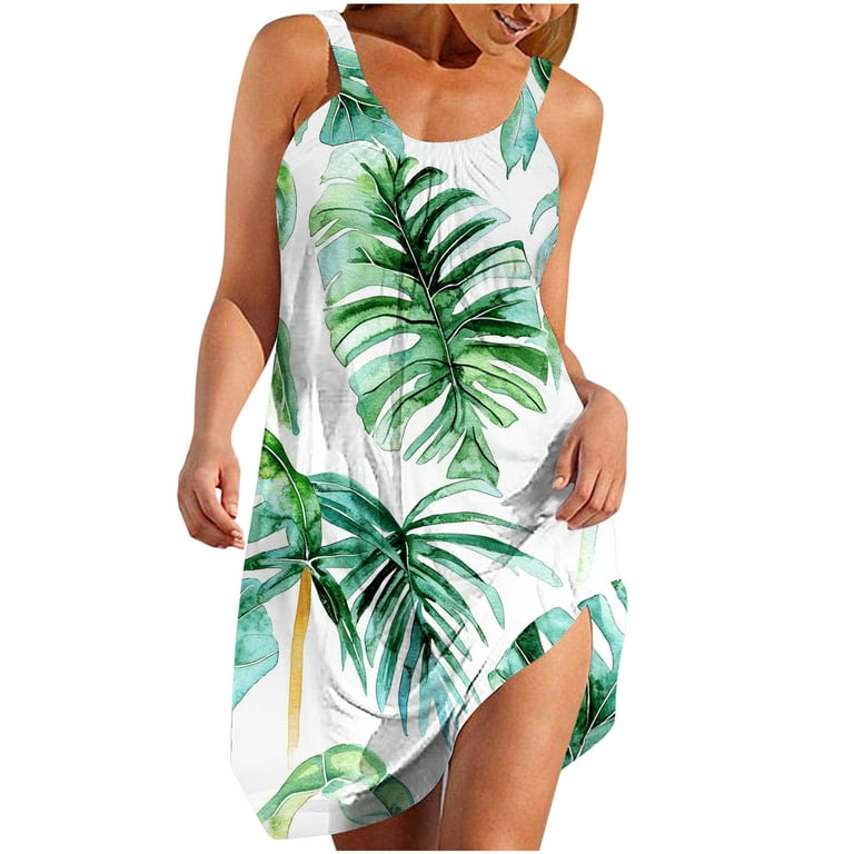 UPPADA Women's Summer Mini Dress Floral Print Boho Dress Casual Loose  Sleeveless Tank Dress Flowy Pleated Beach Sundress Cheap Dresses Green,S -  Walmart.com