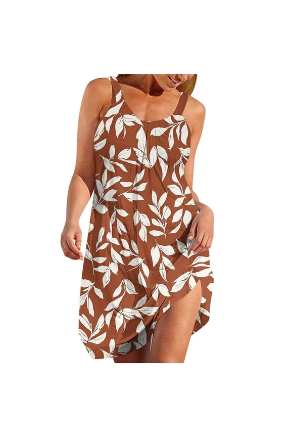 Women's Summer Mini Dress Floral Print Boho Dress Casual Loose Sleeveless Tank Dress Flowy Pleated Beach Sundress Plus Size Tops for Women Brown,XXL