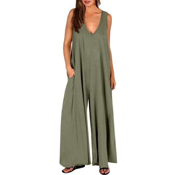 UPPADA Women's Summer One Piece Jumpsuits Casual Spaghetti Strap Loose Fit Wide Leg Long Pant Rompers with Pockets Vacation Outfit Army Green,M