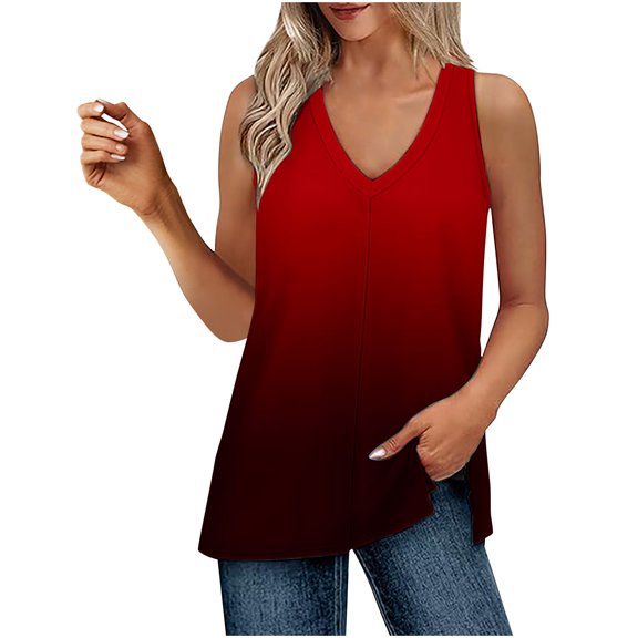 UPPADA Women's Summer Tank Tops V Neck Lace Up Front Tees Shirts Sleeveless Loose Fit Comfy Shirts Beach Outfits Red,XL
