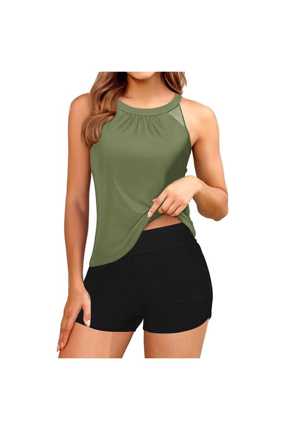 Women's Swimsuit Tankini Tops with Bottom Mesh Neck Design Swimwear Tummy Control Bathing Suits Two Piece Full Coverage Slim Swim Suits traje de bano para mujeres Army Green,L