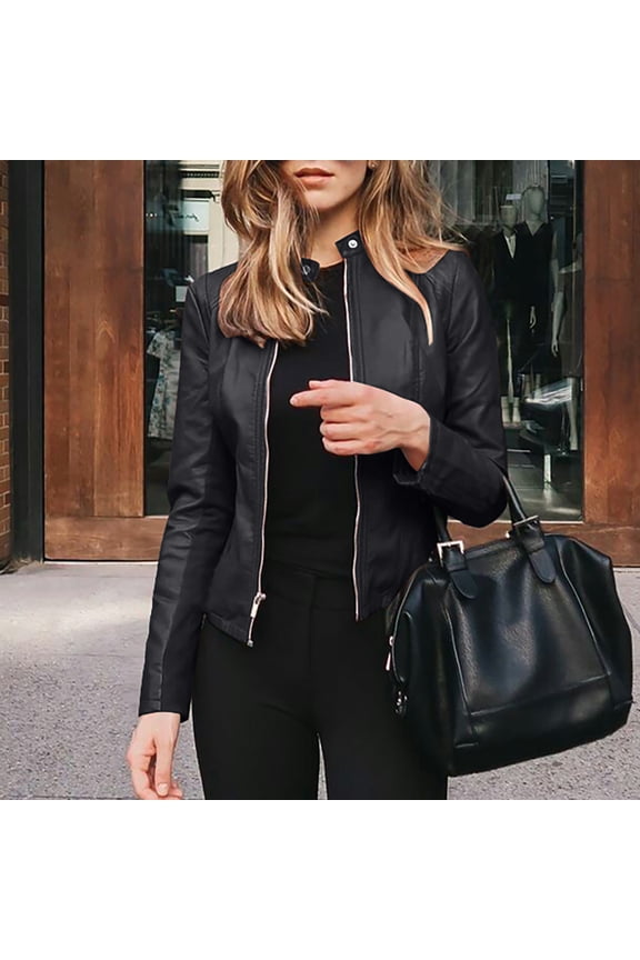 Women's Trendy Faux Leather Jacket Casual Moto Short Jacket Fashion Open Front Pu Street Wear Zip up Slim Outwear Black,M