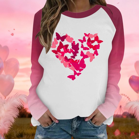 UPPADA Women's Valentine's Day Heart Print Sweatshirt Casual Long Sleeve Crewneck Pullover Top with Cute Love Graphics Multicolor,XXXL