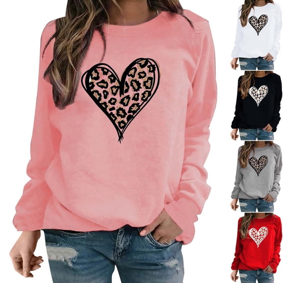 UPPADA Women's Valentine's Day Heart Print Sweatshirt Casual Long Sleeve Crewneck Pullover Top with Cute Love Graphics Pink,M
