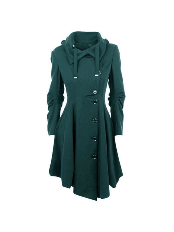 Women's Vintage Double-Breasted Trench Coat Mid-Length Belted Lapel Overcoat Pea Coats Outerwear Irregular Pleated Hem Coats Green,L