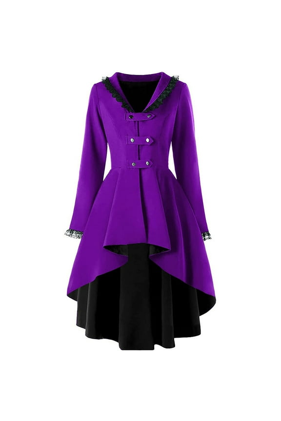 Women's Vintage Double-Breasted Trench Coat Mid-Length Belted Lapel Overcoat Pea Coats Outerwear Irregular Pleated Hem Coats Purple,XXXL
