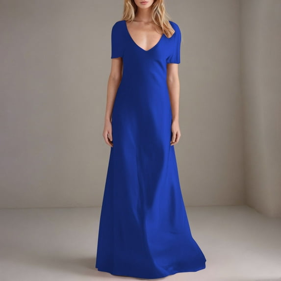 UPPADA Women's Wedding Guest Evening Party Maxi Dress Plus Size Cocktail Dresses V Neck A-Line Elastic High Waist Dress Pleated Chiffon Maxi Plus Size Formal Dresses Blue,L