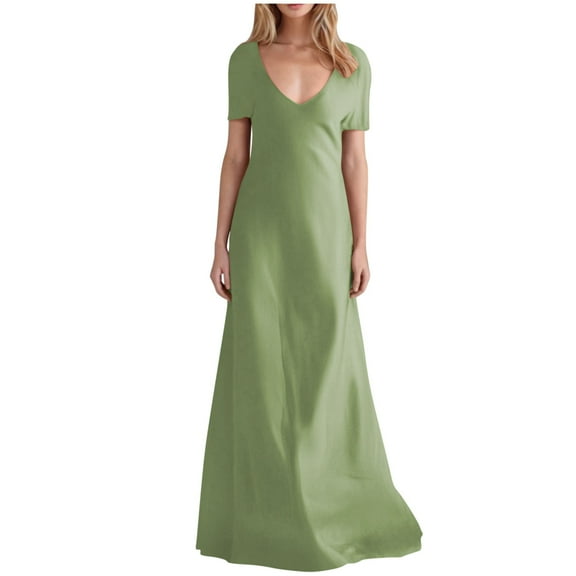 UPPADA Women's Wedding Guest Evening Party Maxi Dress Plus Size Cocktail Dresses V Neck A-Line Elastic High Waist Dress Pleated Chiffon Maxi Plus Size Formal Dresses Green,XXXXL